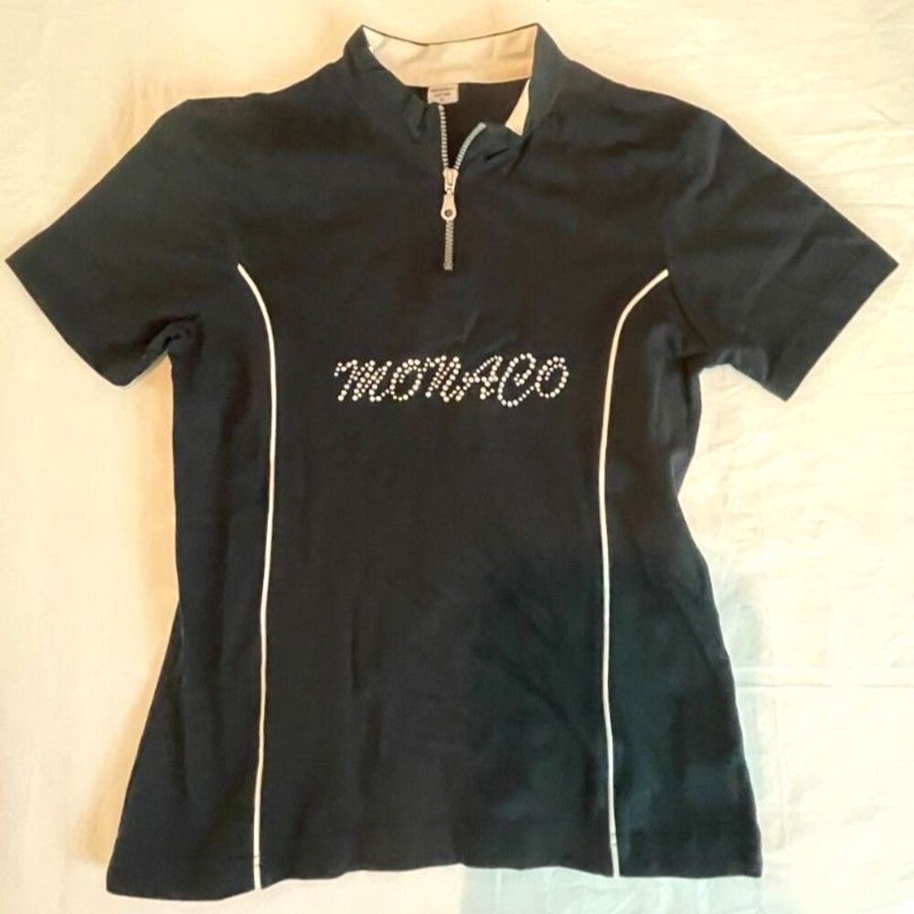 Vintage MONACO Women's Top Half Zip Shirt Fitted Stud Detail 100% Cotton Size XL